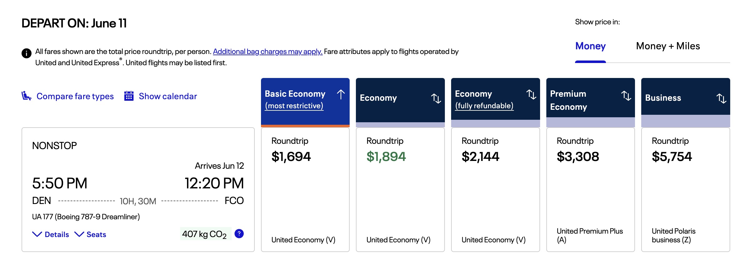 United Airlines airfare on the new route from Denver to Rome